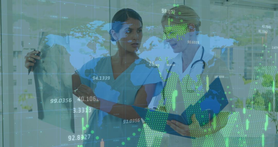 Doctors Analyzing Medical Data Overlay with Global Digital Graphics