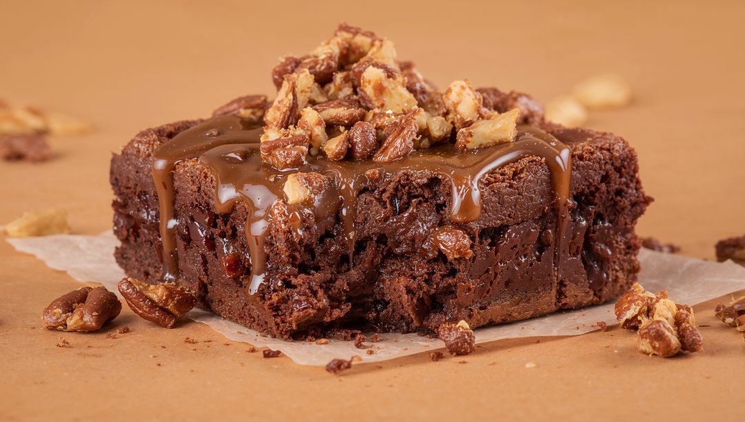 Fudgy Chocolate Brownie Drizzling Golden Caramel Sauce Topped with Chopped Pecans