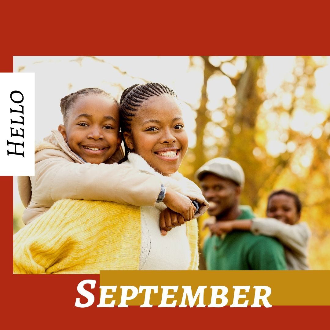 Portrait of smiling african american parents piggybacking children in park and hello september text - Download Free Stock Templates Pikwizard.com