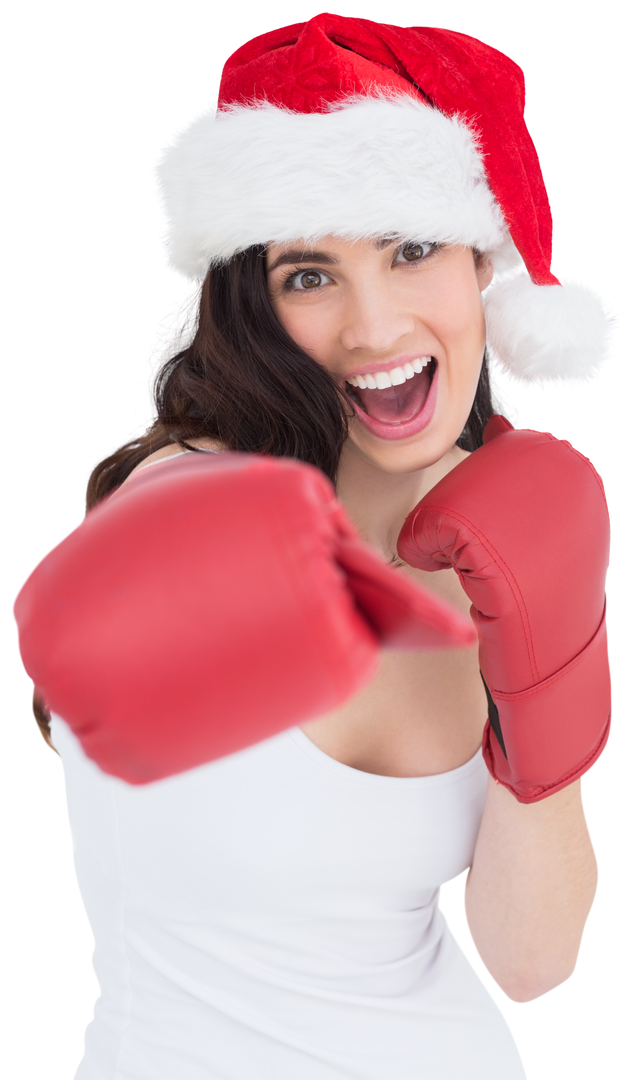 Woman Wearing Santa Hat and Boxing Gloves On Transparent Background - Download Free Stock Images Pikwizard.com