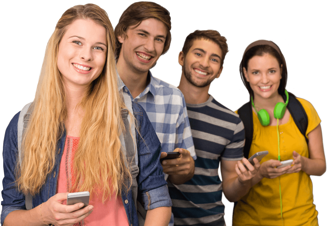 Smiling Diverse Students Using Smartphones in Transparent Background