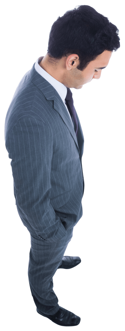 Transparent Hispanic Businessman Looking Down in Isolated Perspective