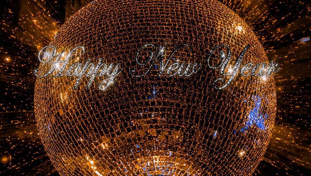 Golden Mirrored Disco Ball with Sparkling Happy New Year Script and Radiant Light Burst