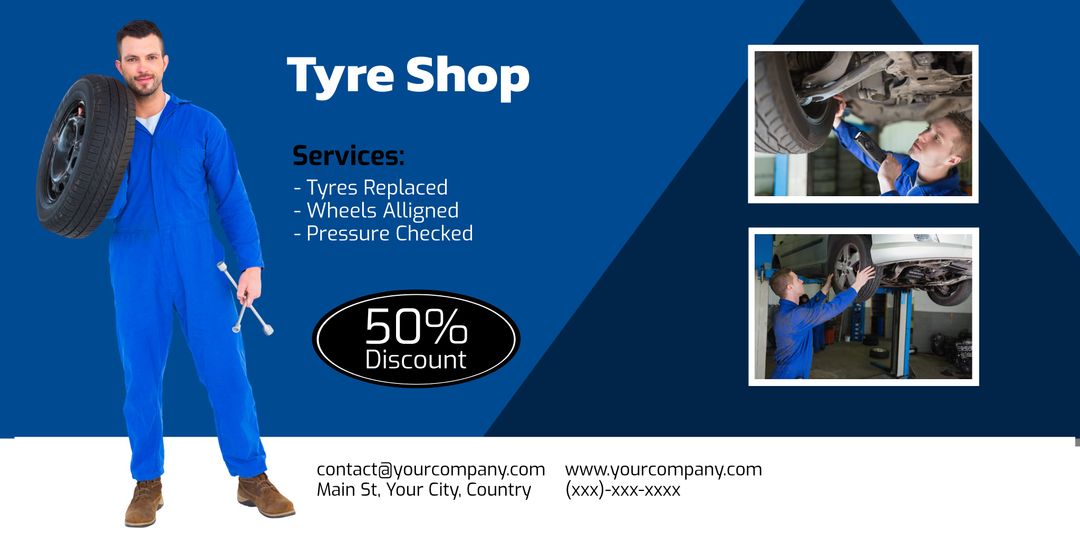 Mechanic Holding Tire with 50 percent Discount Offering Auto Repair and Services - Download Free Stock Templates Pikwizard.com