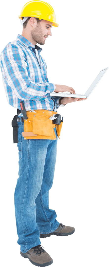 Transparent Repairman in Safety Gear Using Laptop