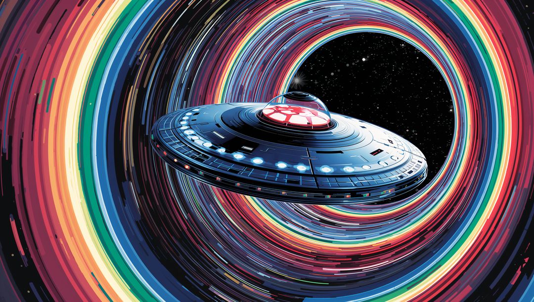 Futuristic Spacecraft Navigating Colorful Cosmic Vortex