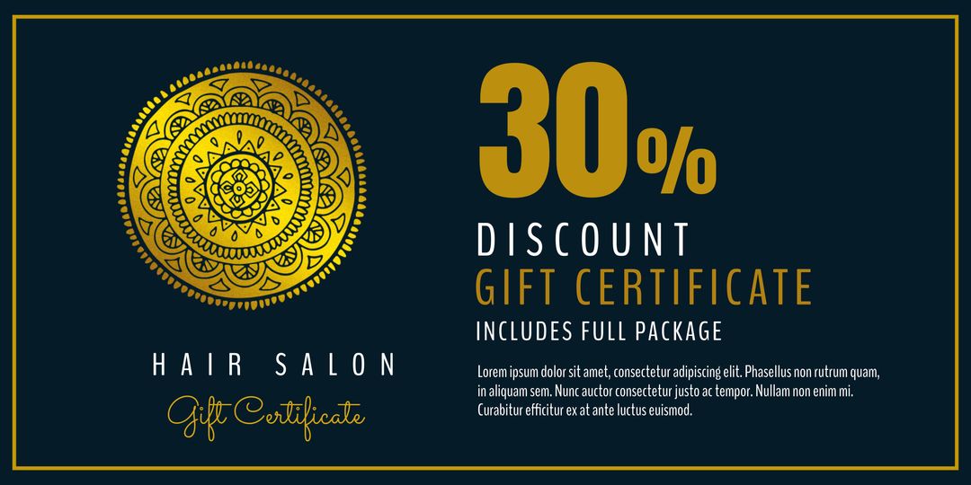 Elegant Salon Gift Certificate with 30 percent Discount and Gold Mandala Design - Download Free Stock Templates Pikwizard.com