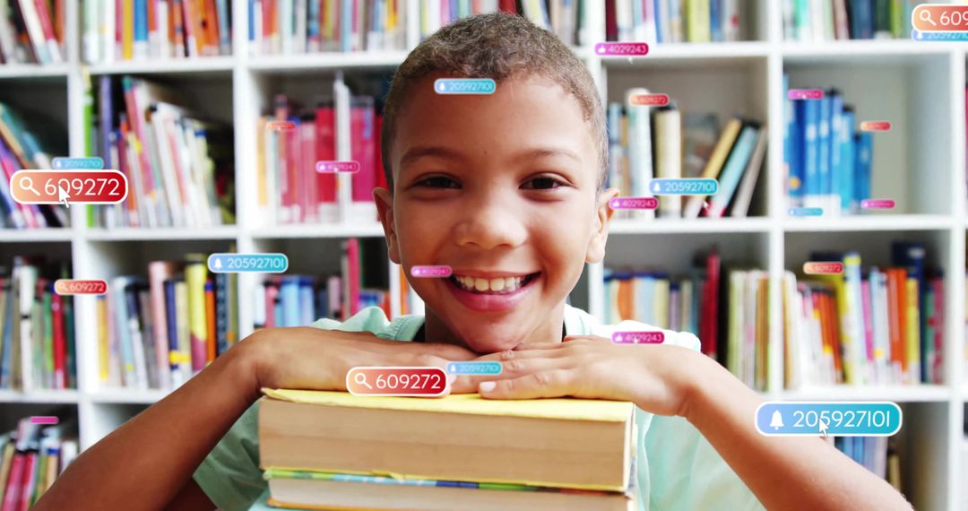 Smiling Boy in Library with Digital Data Overlays