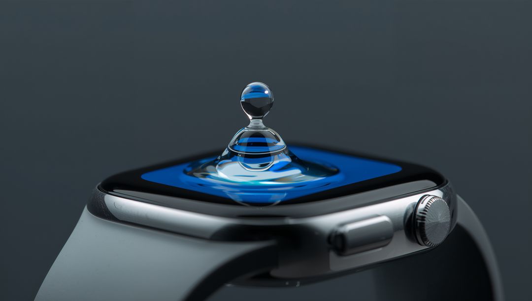 Macro water droplet column on smartwatch screen with reflective metal bezel and crown, blue