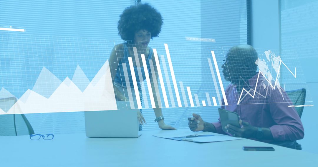 Finance Team Discussing Data with Global Analytics Display