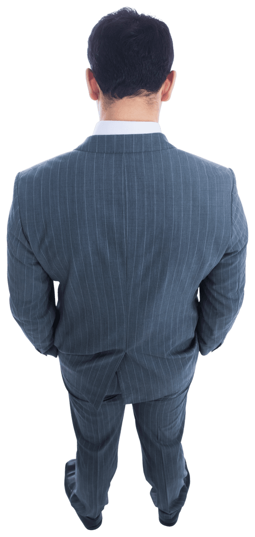 Transparent Back View of Asian Businessman in Pinstriped Suit