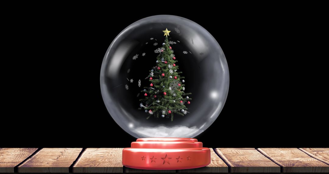 Festive Snow Globe with Decorated Christmas Tree on Rustic Table