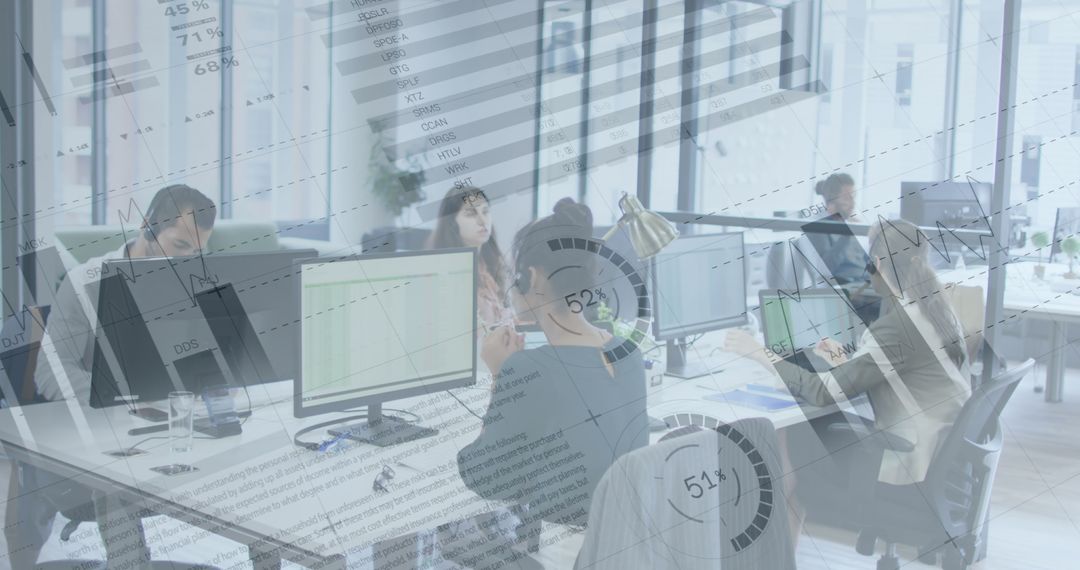 Colleagues Using Technology for Global Data Analysis in Modern Office