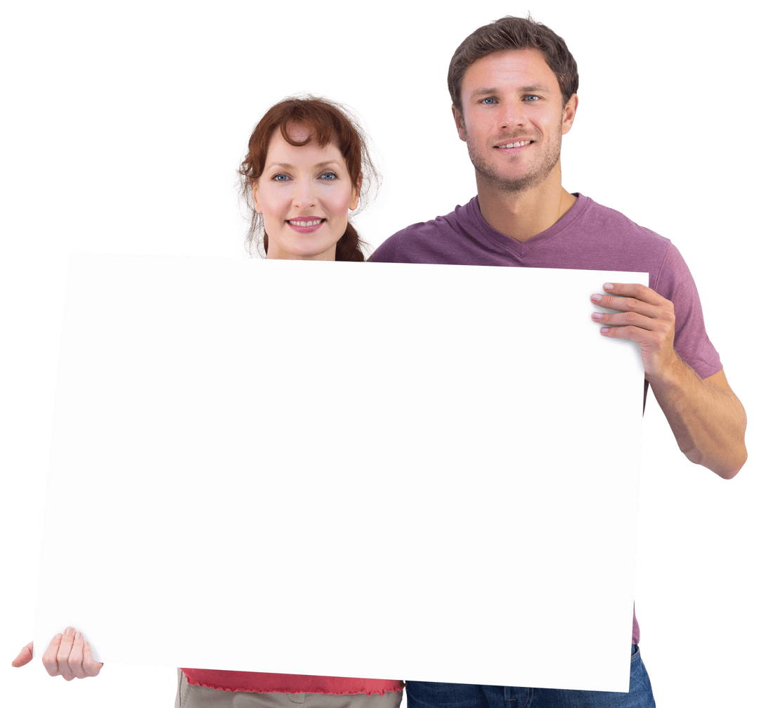 Happy Couple Holding Large Transparent Blank Sign