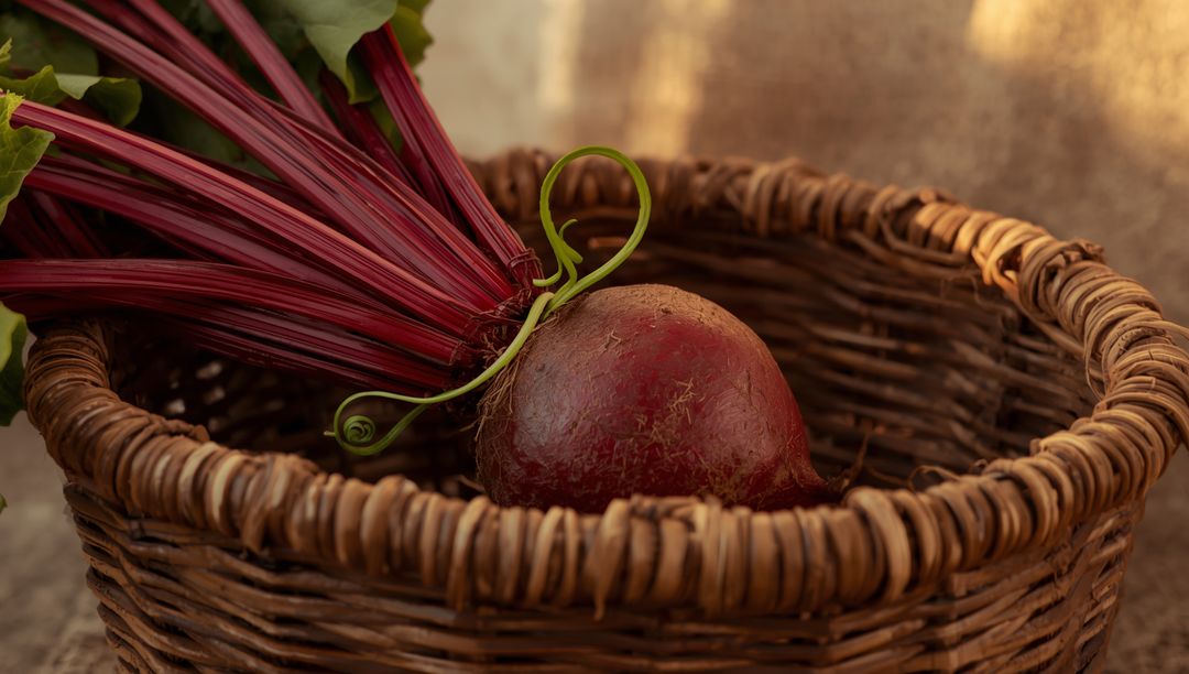 Fresh Beetroot in Wicker Basket on Rustic Table