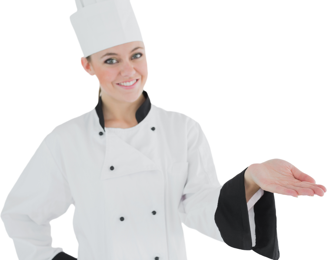 Smiling Woman Chef Holding Open Palm in White Uniform on Transparent Background - Download Free Stock Images Pikwizard.com