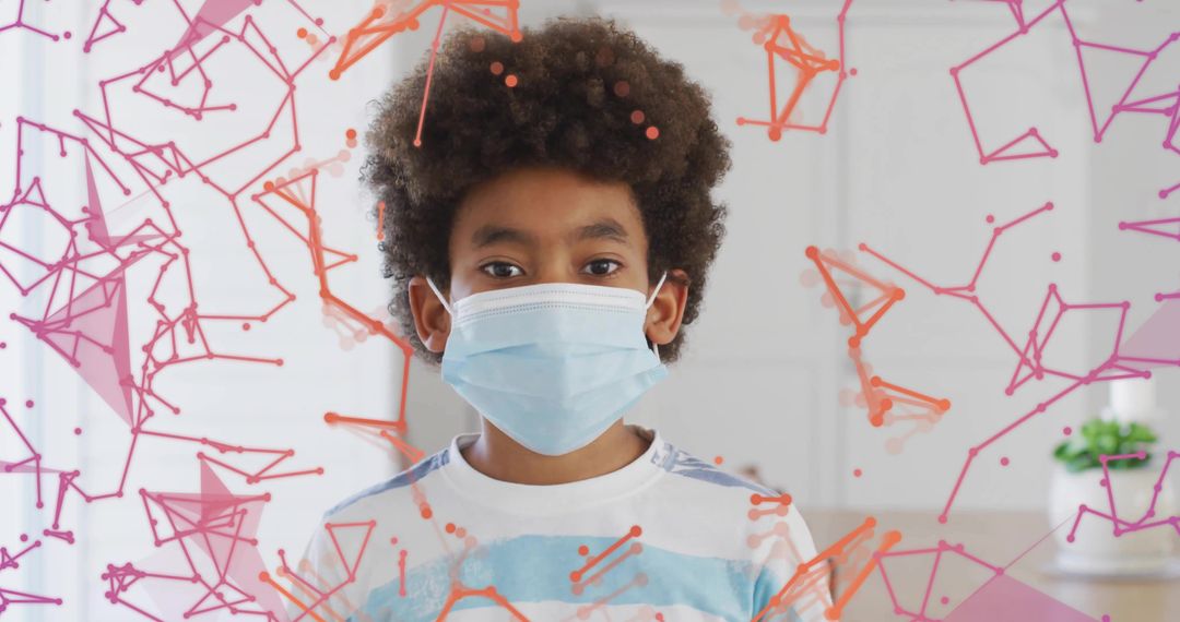 Young Child in Face Mask with Digital Network Overlay