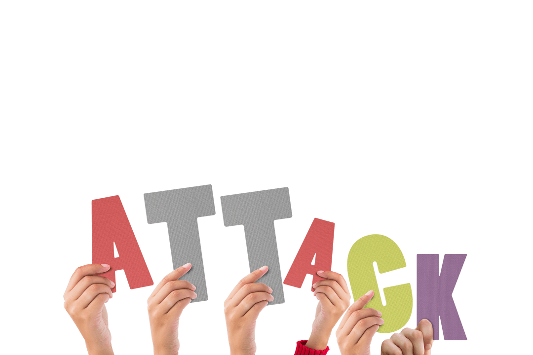 Hands Holding Attack Text on Transparent Background for Sports Theme