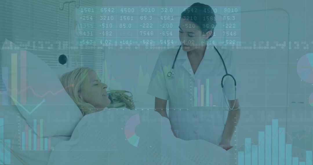 Nurse Consults Patient with Digital Analytics Overlay in Hospital Setting