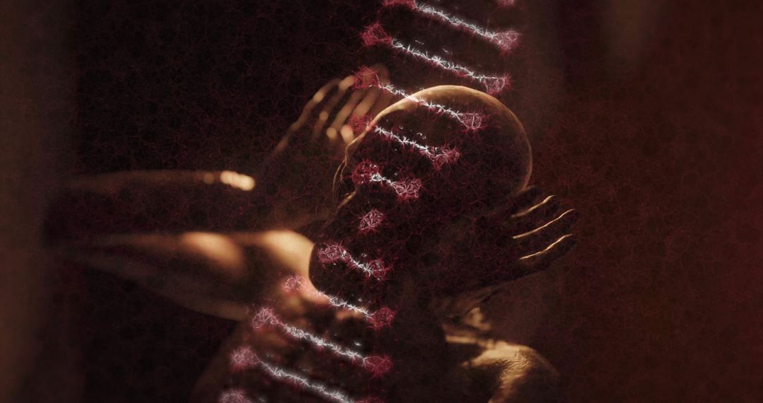 Bare-Chested Man with DNA Helix Holographic Projection