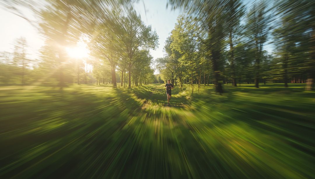 Motion Blur Athletic Running Male in Sunlit Park