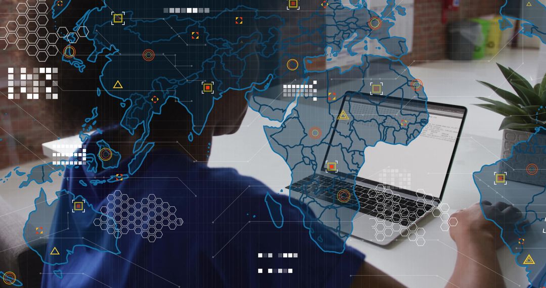IT Professional Coding on Laptop with Digital World Map Overlay
