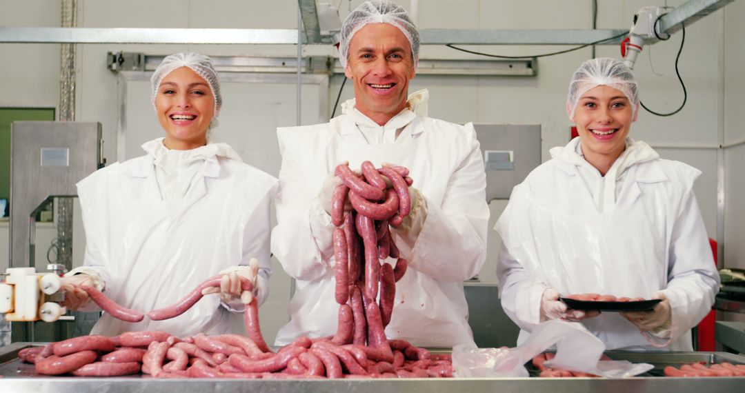 Smiling Butchers in Meat Processing Facility Holding Fresh Sausages - Free Images, Stock Photos and Pictures on Pikwizard.com