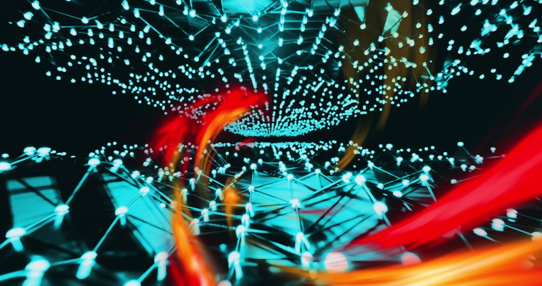Futuristic Digital Network with Glowing Nodes and Light Trails