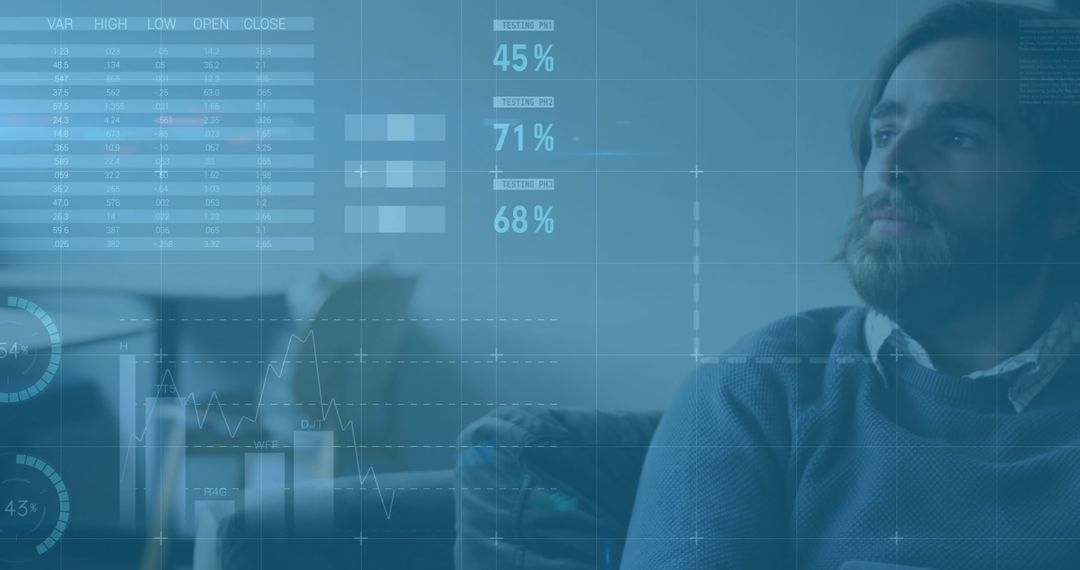 Businessman Analyzing Digital Data Displays with Futuristic Graphics