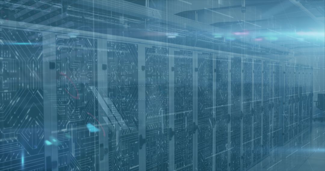 Futuristic Data Center with Server Racks and Illuminated Circuit Patterns