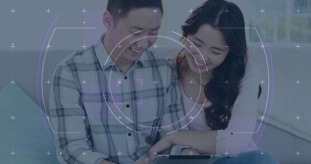 Smiling Couple Using Tablet with Futuristic Overlay