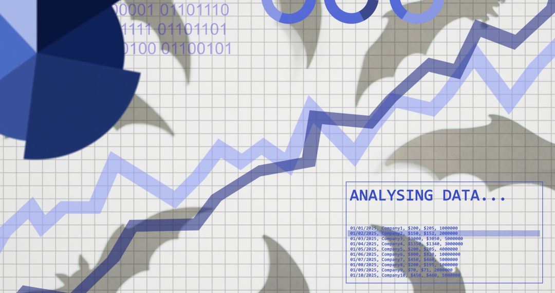 Rising navy jagged line chart over grid dashboard with analysing data panel and pie elements