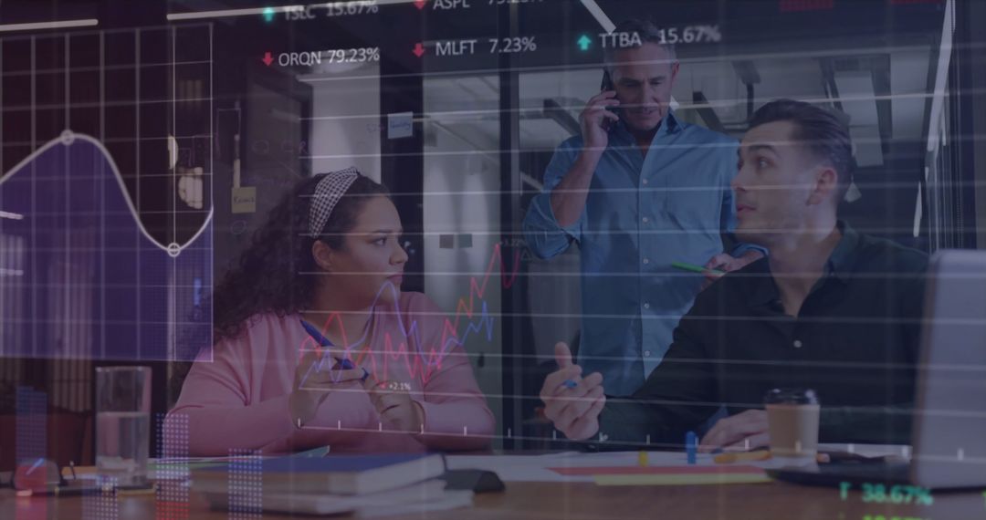 Finance Professionals Analyzing Data with Digital Overlay in Modern Office