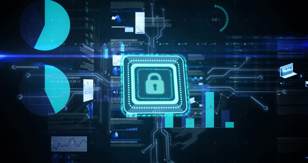 Glowing Microchip with Padlock Icon in Cybersecurity Interface