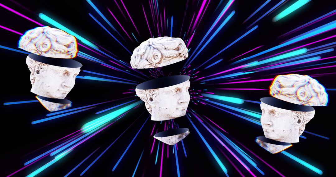 Ancient Busts Amidst Dynamic Neon Light Trails