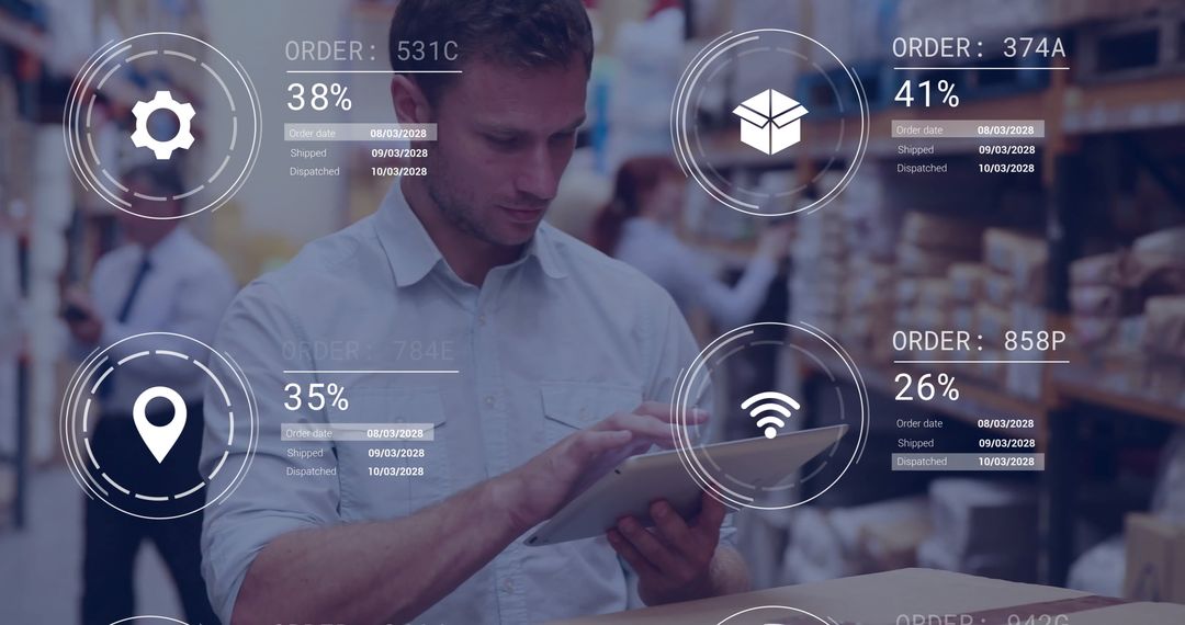 Tablet Analyzing Inventory Progress in Warehouse Aisle