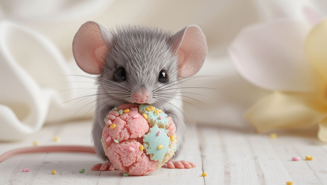 Tiny gray mouse clutching pastel sprinkle cookie ball on whitewashed wooden tabletop