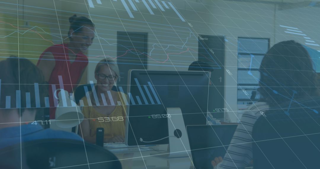 Business Team Collaborating Amidst Financial Data Interface