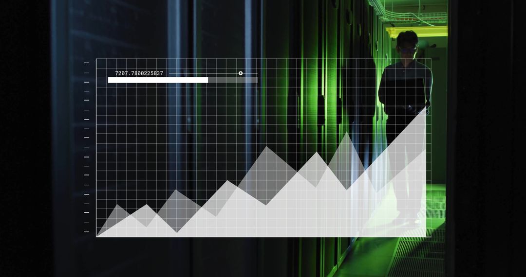 IT Engineer Analyzing Data in Server Room with Graph Overlay
