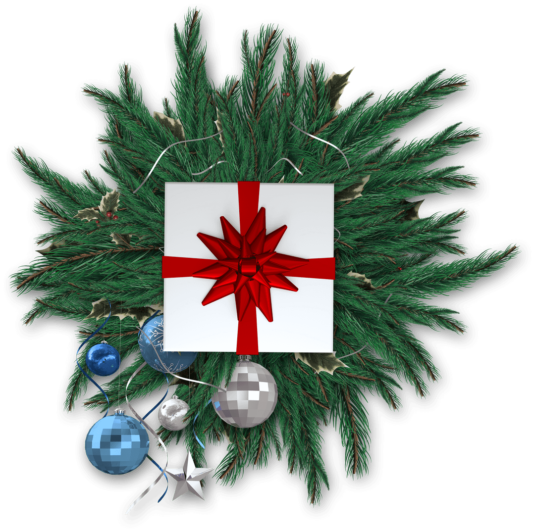 Festive Fir Wreath with Decorative Gift & Baubles on Transparent Background