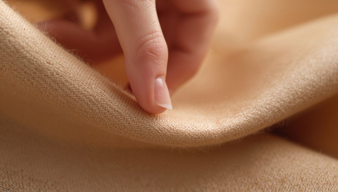 Hand Pinching Soft Beige Cashmere Knit Showing Texture and Pile Macro Detail