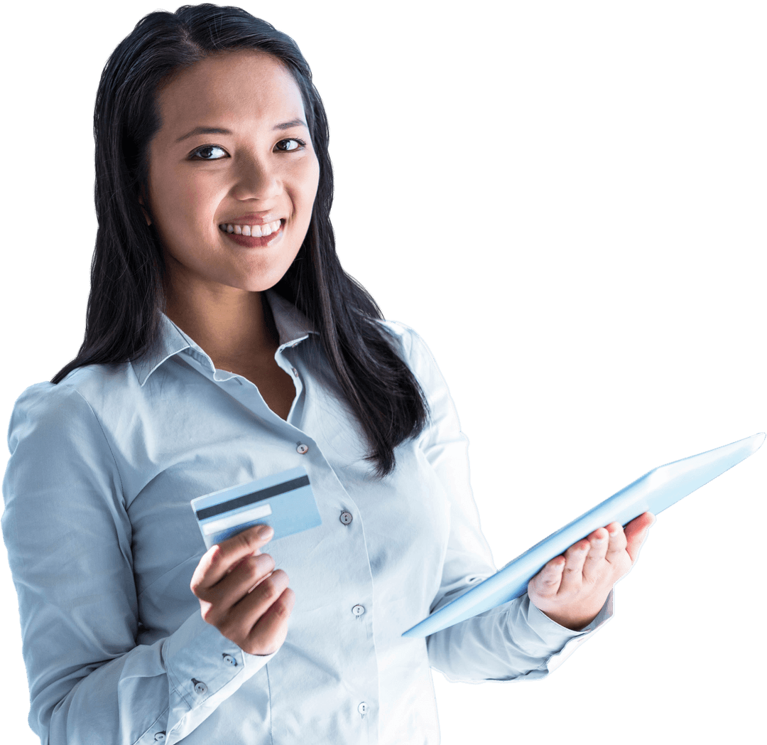 Transparent Smiling Businesswoman With Laptop and Credit Card in Hand