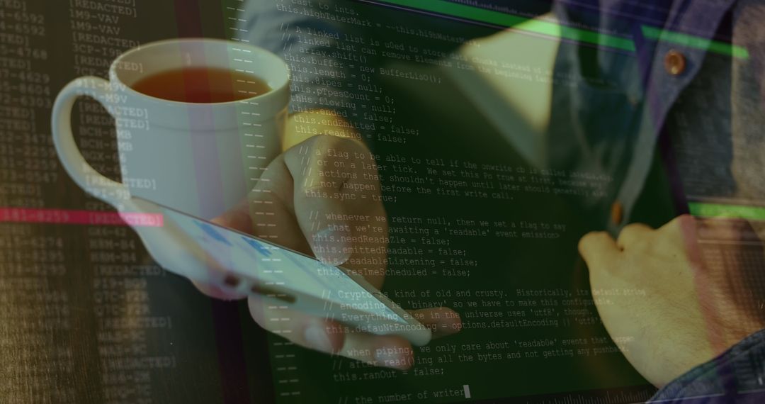 Hands Using Smartphone with Overlaid Data Processes