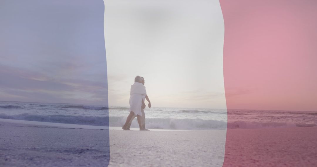 Romantic Couple Walking on Beach with France Flag Overlay at Sunset - Free Images, Stock Photos and Pictures on Pikwizard.com
