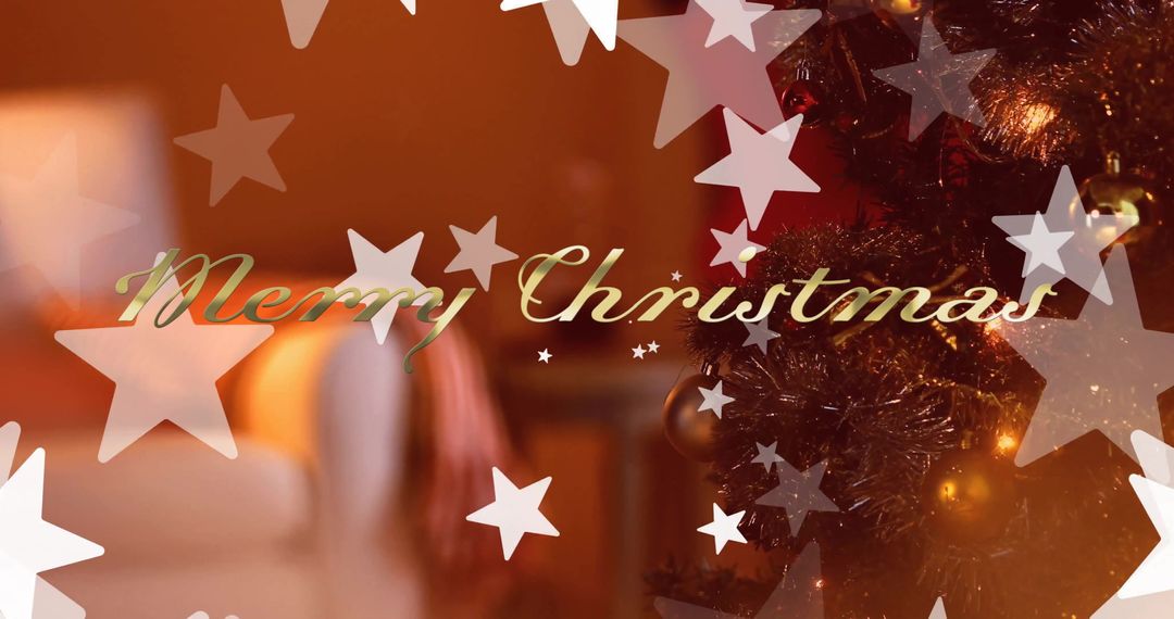 Merry Christmas Text with Decorative Stars on Tree