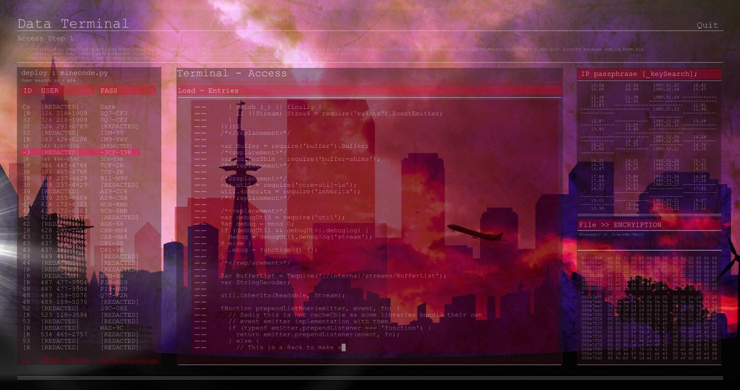 Futuristic Data Terminal Interface Over Urban Skyline