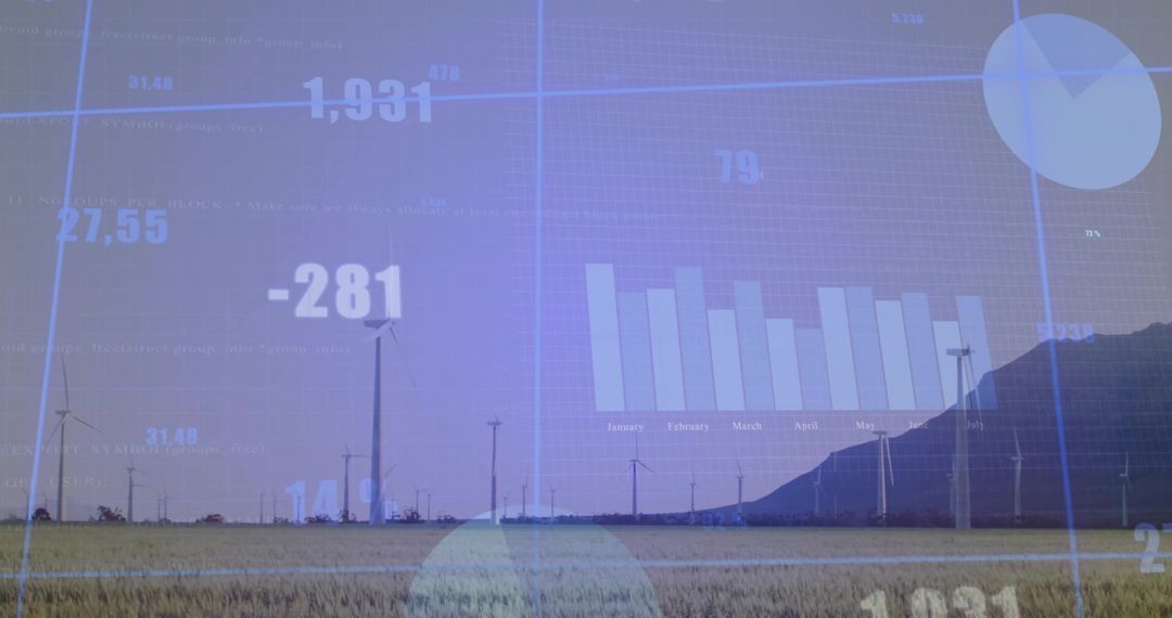Renewable Energy Farm with Data Overlay Illustrating Sustainability Metrics