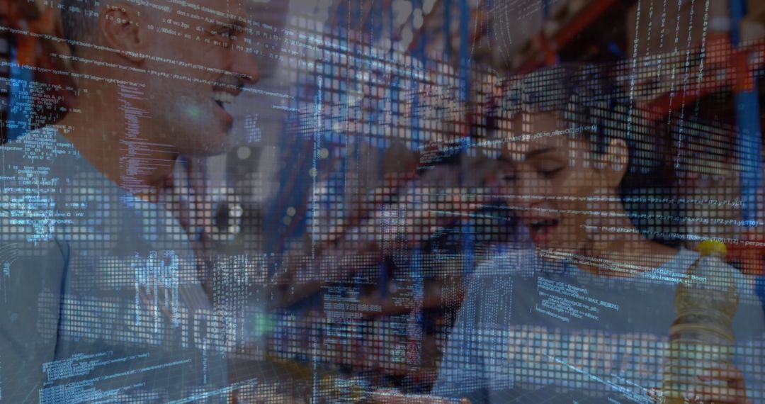 Diverse Volunteers Handling Donation Box with Data Overlay