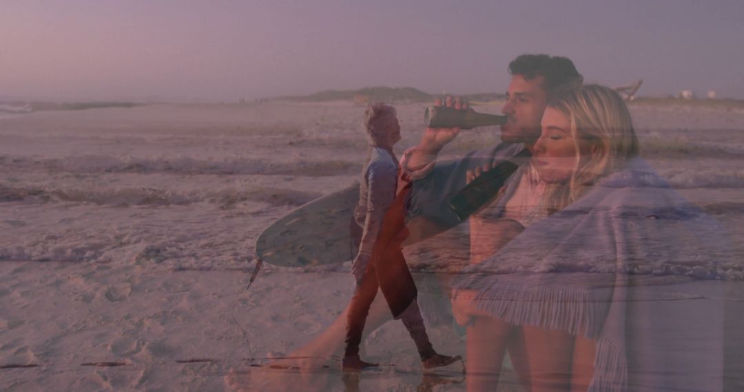 Couple Embracing at Serene Beach Sunset with Tranquil Pastel Sky