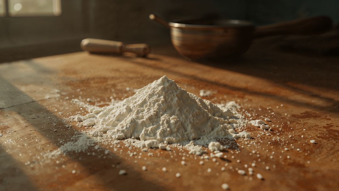 Mound of White Flour on Rustic Wooden Surface in Warm Light